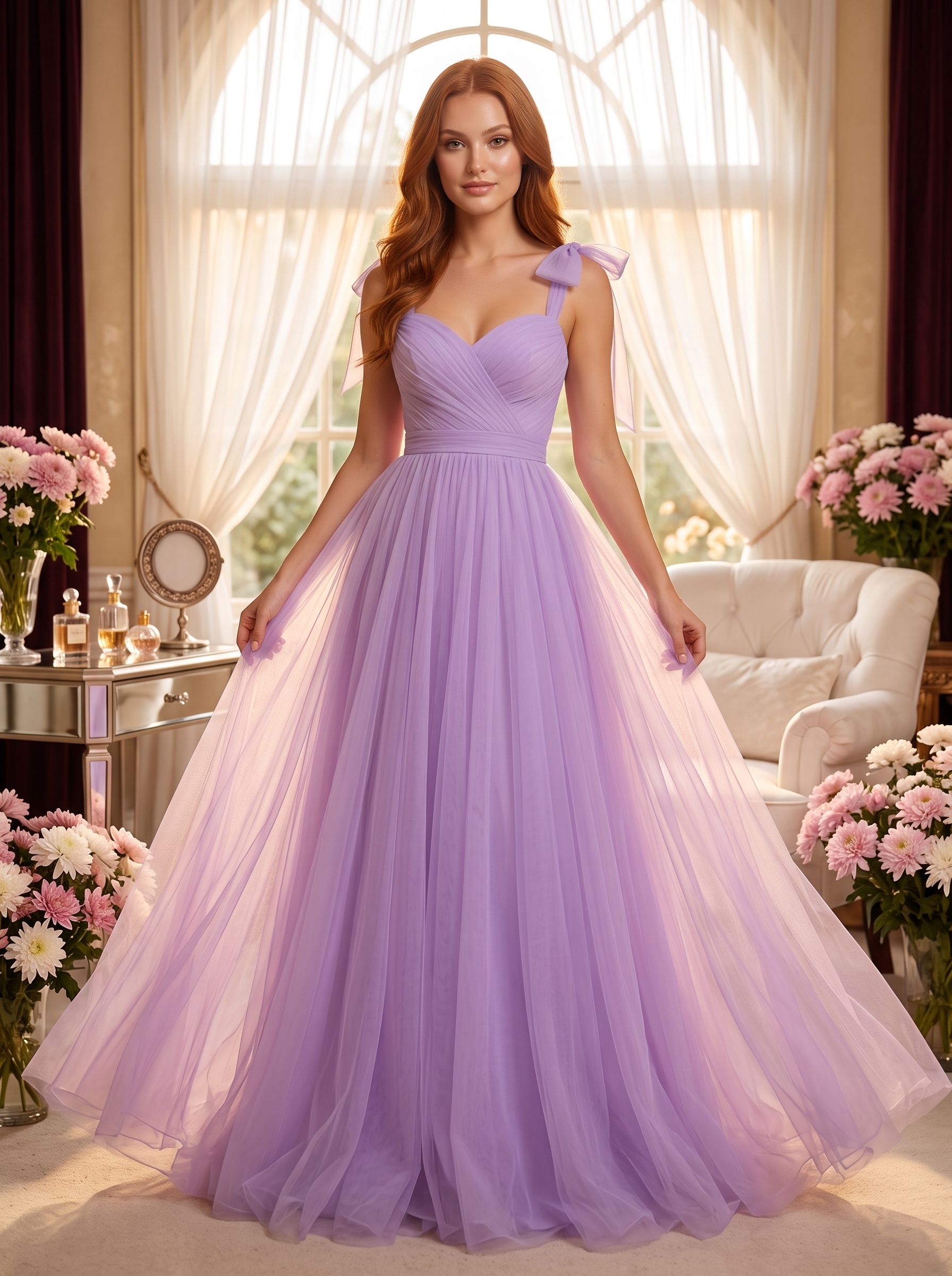 Lavender Tulle A-Line Sweetheart Backless Floor-Length Dress with Bow Shoulder Ties