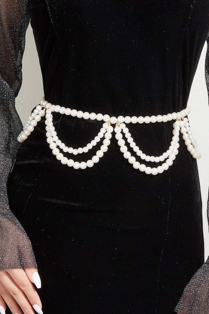 Draped Multi Layer Pearl Waist Chain Adjustable Scalloped Pearl Body Belt for Women