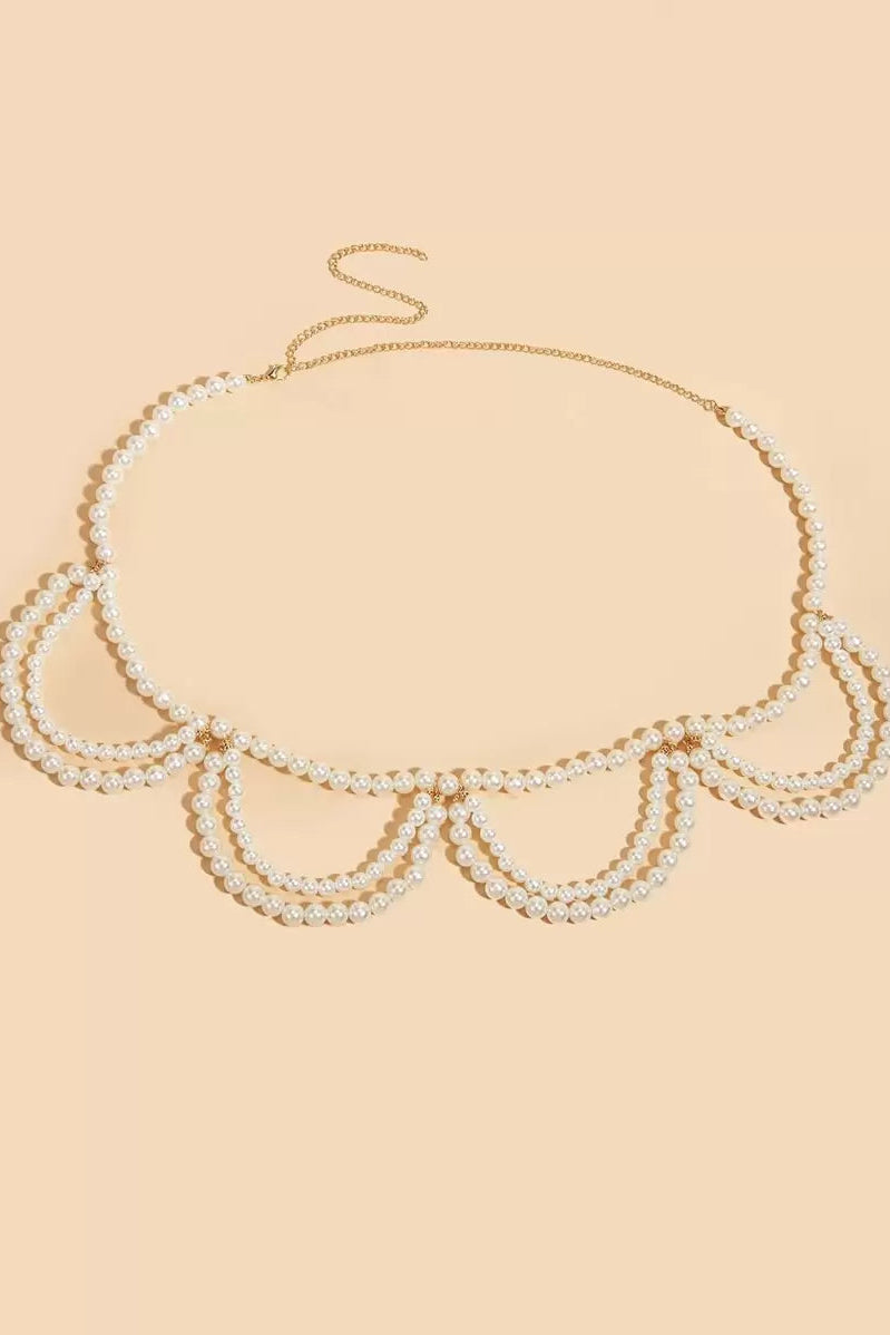 Draped Multi Layer Pearl Waist Chain Adjustable Scalloped Pearl Body Belt for Women