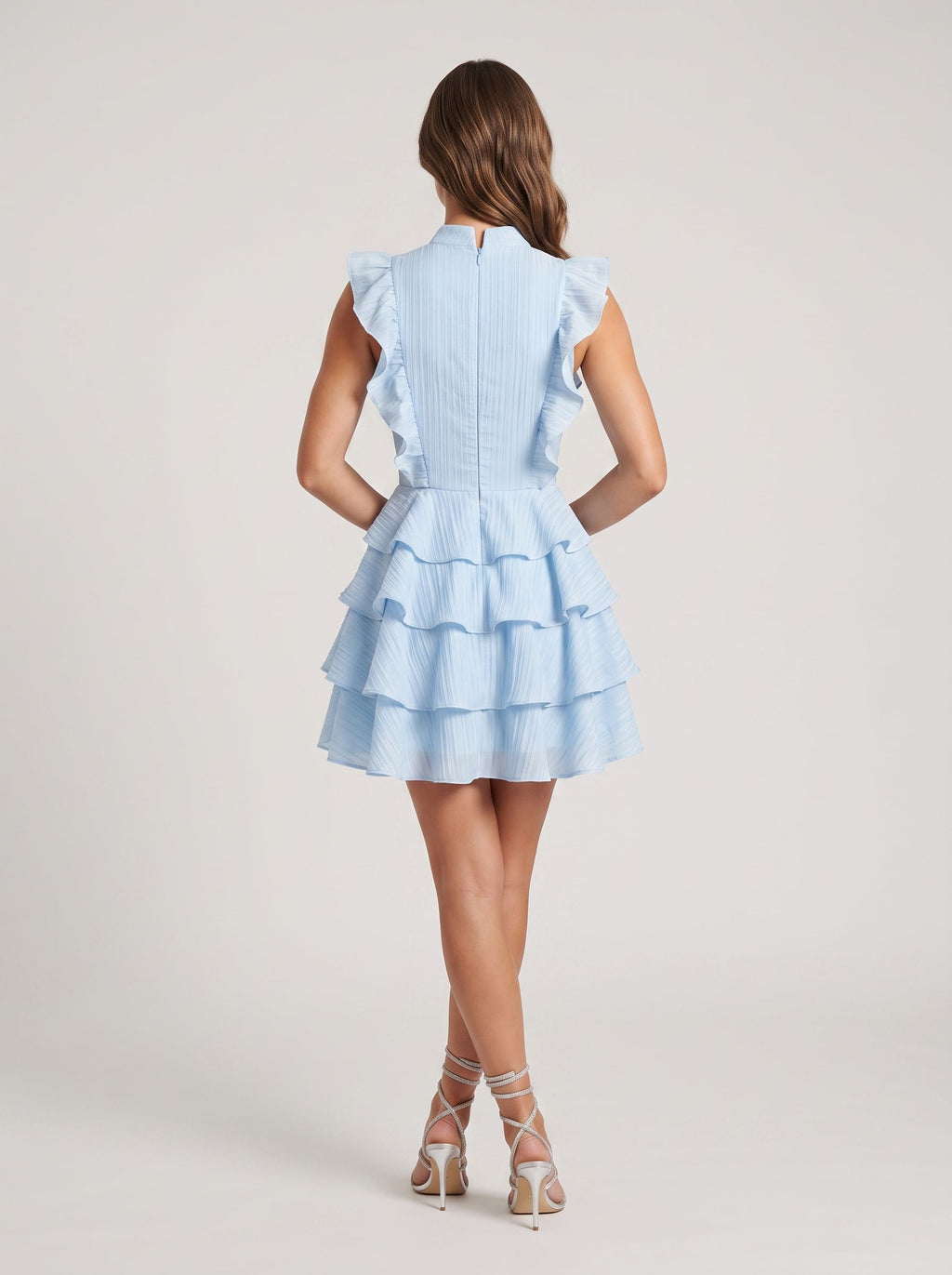 Sky Blue Chiffon Tiered High Neck Back Zip Mini Dress