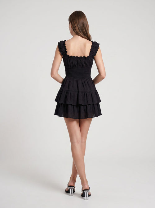 Black Satin A-Line Square Neck Back Zip Short Dress with Ruched Bodice and Layered Skirt