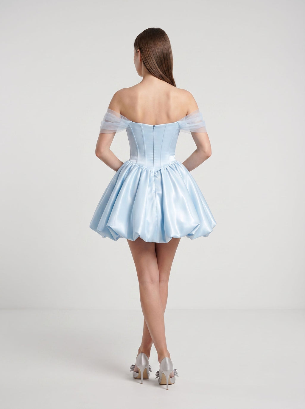 Sky Blue Satin and Mesh A-Line Off-the-Shoulder Back Zip Mini Dress