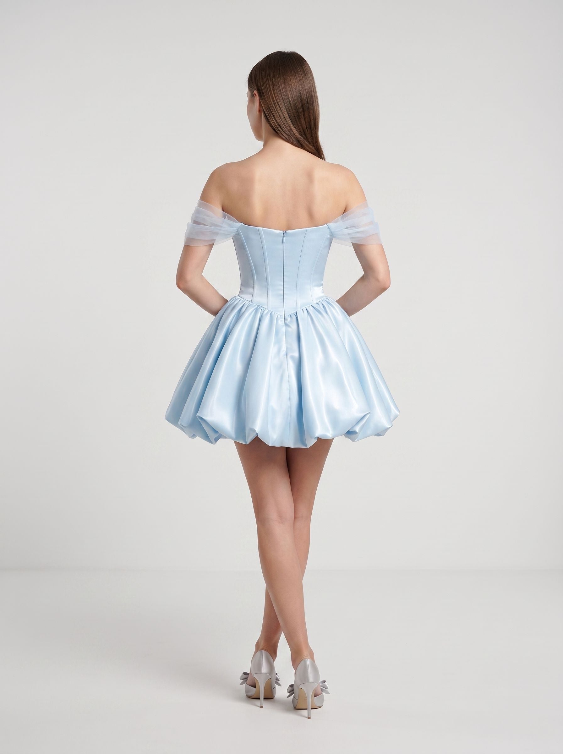 Sky Blue Satin and Mesh A-Line Off-the-Shoulder Back Zip Mini Dress