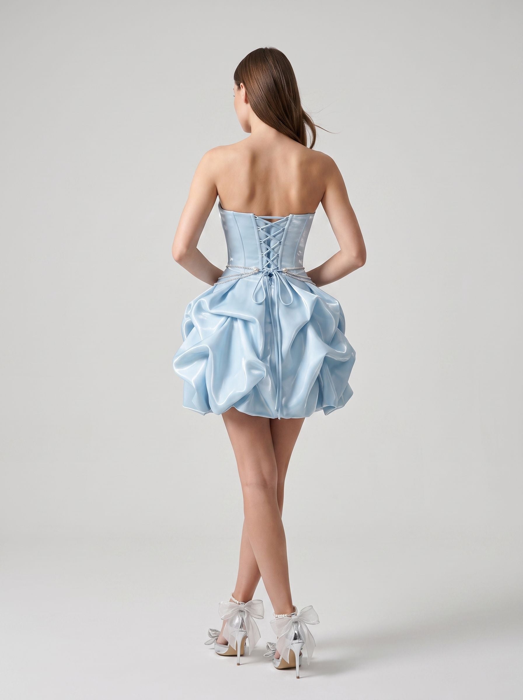 Sky Blue Satin Bubble Straight Across Lace-Up Back Mini Dress