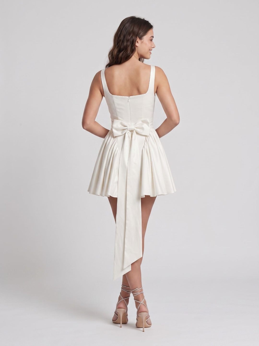 White Satin A-Line Square Neck Backless Short Birthday Dress with Bow