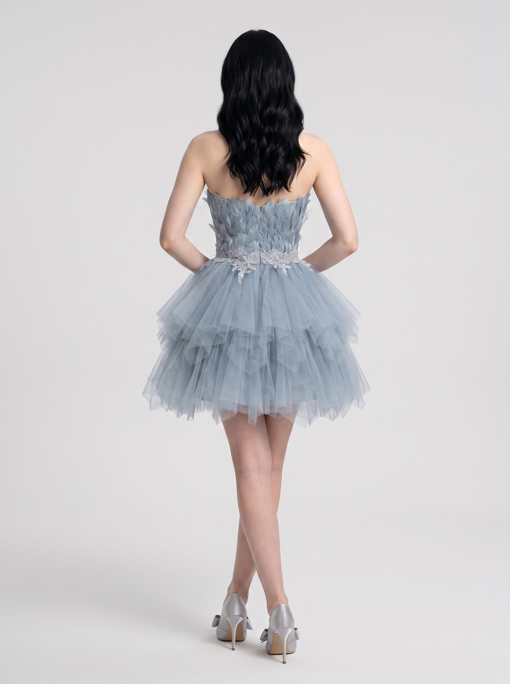Dusty Blue Satin and Tulle A-Line Sweetheart Back Zip Short Dress with Ruched Satin Bodice