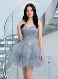 Dusty Blue Satin and Tulle A-Line Sweetheart Back Zip Short Dress with Ruched Satin Bodice