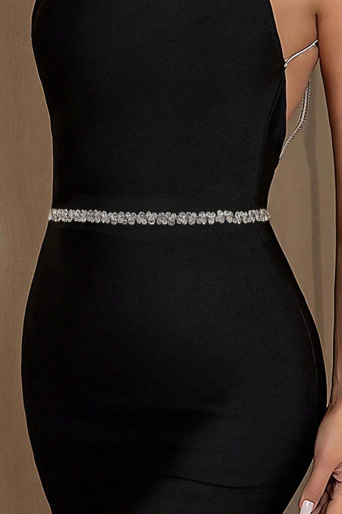 Crystal Rhinestone Waist Belt White Ribbon Tie Sparkly Body Chain For Women Party Dress