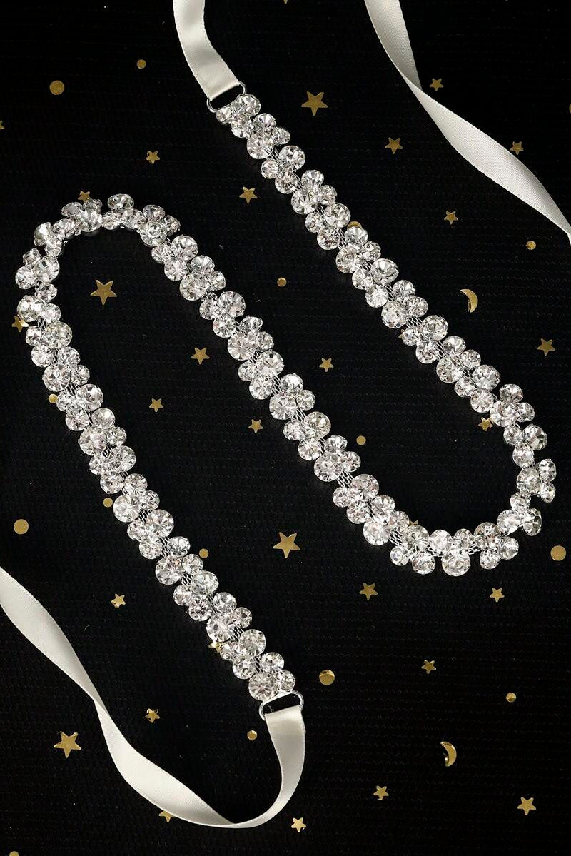 Crystal Rhinestone Waist Belt White Ribbon Tie Sparkly Body Chain For Women Party Dress