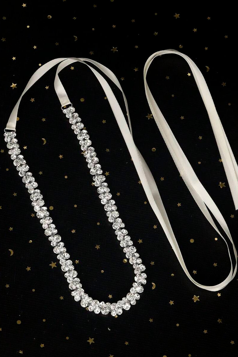 Crystal Rhinestone Waist Belt White Ribbon Tie Sparkly Body Chain For Women Party Dress