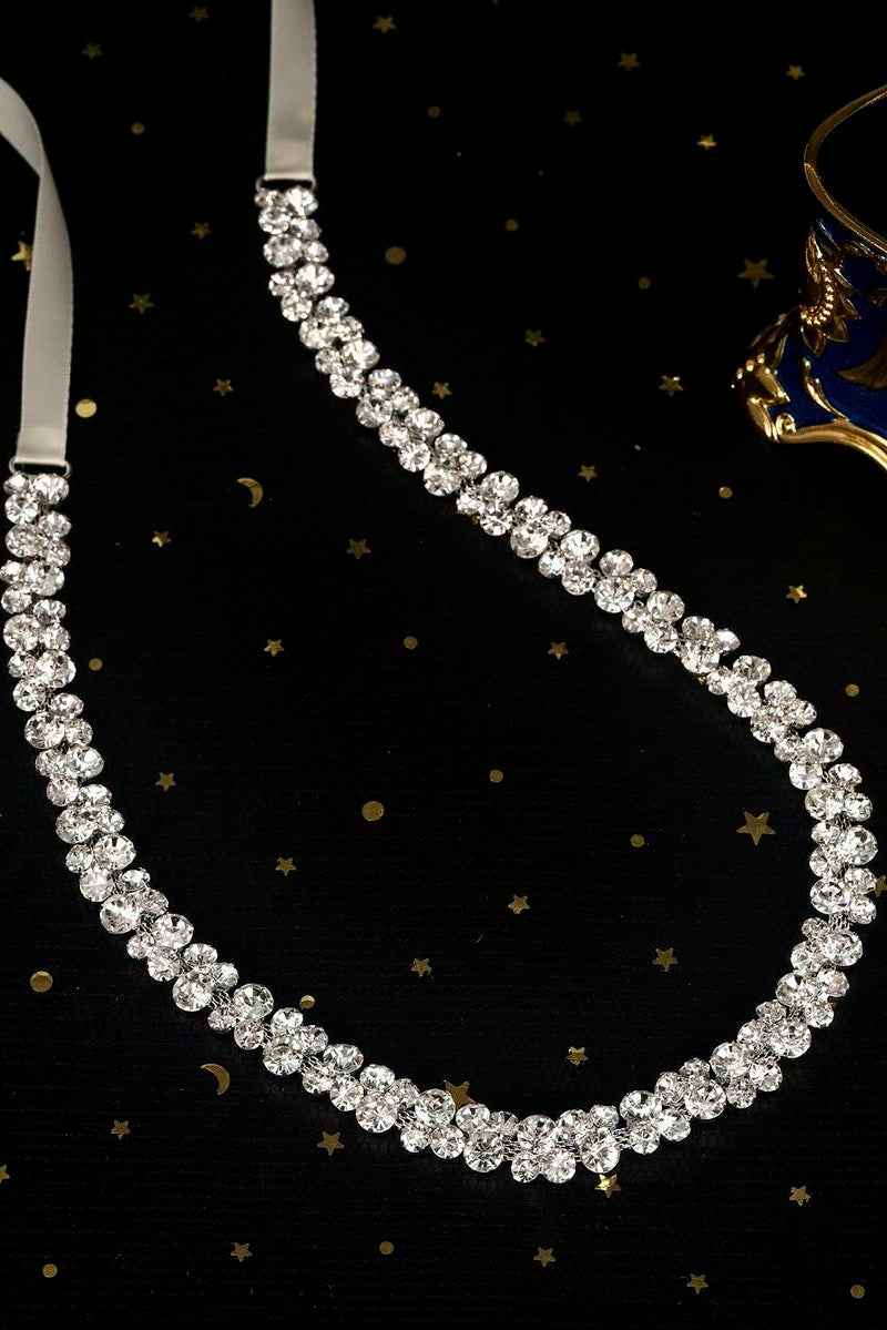Crystal Rhinestone Waist Belt White Ribbon Tie Sparkly Body Chain For Women Party Dress