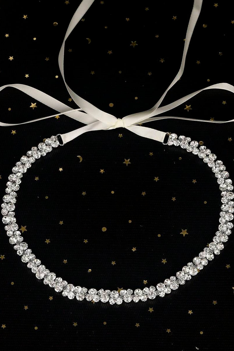 Crystal Rhinestone Waist Belt White Ribbon Tie Sparkly Body Chain For Women Party Dress