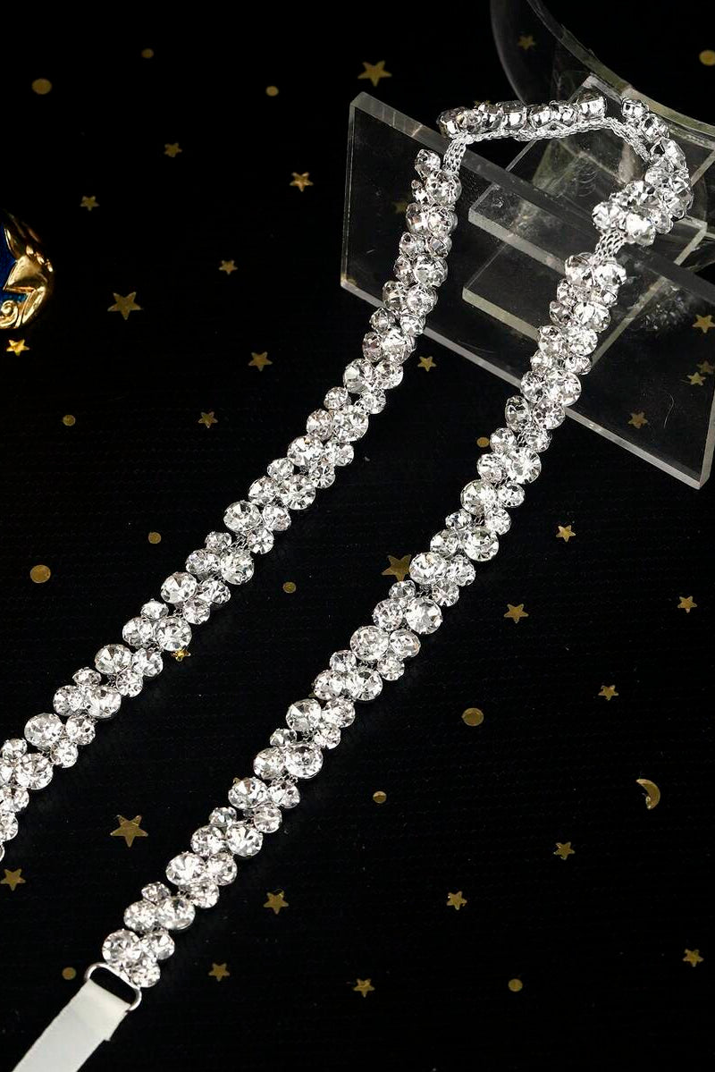Crystal Rhinestone Waist Belt White Ribbon Tie Sparkly Body Chain For Women Party Dress