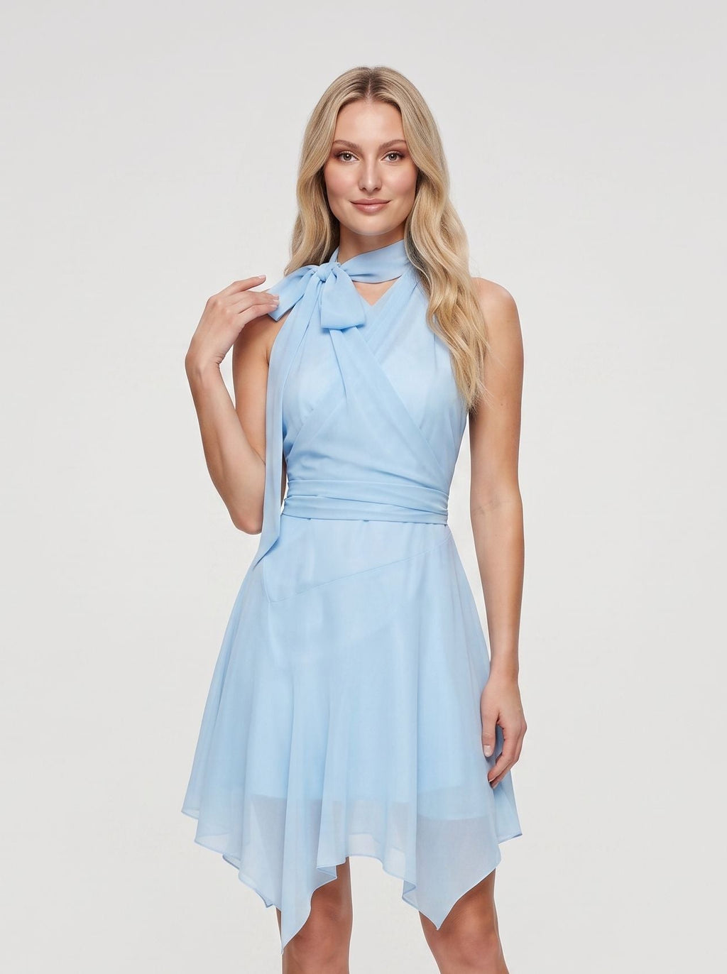 Sky Blue Chiffon A-Line Halter Tie Back Above Knee Dress