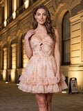 Orange Floral Chiffon A-Line Sweetheart Back Zip Short Dress with Tiered Ruffles