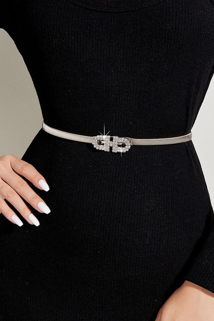 Silver Elastic Thin Belt Rhinestone Interlock Buckle Skinny Dress Waist Belt