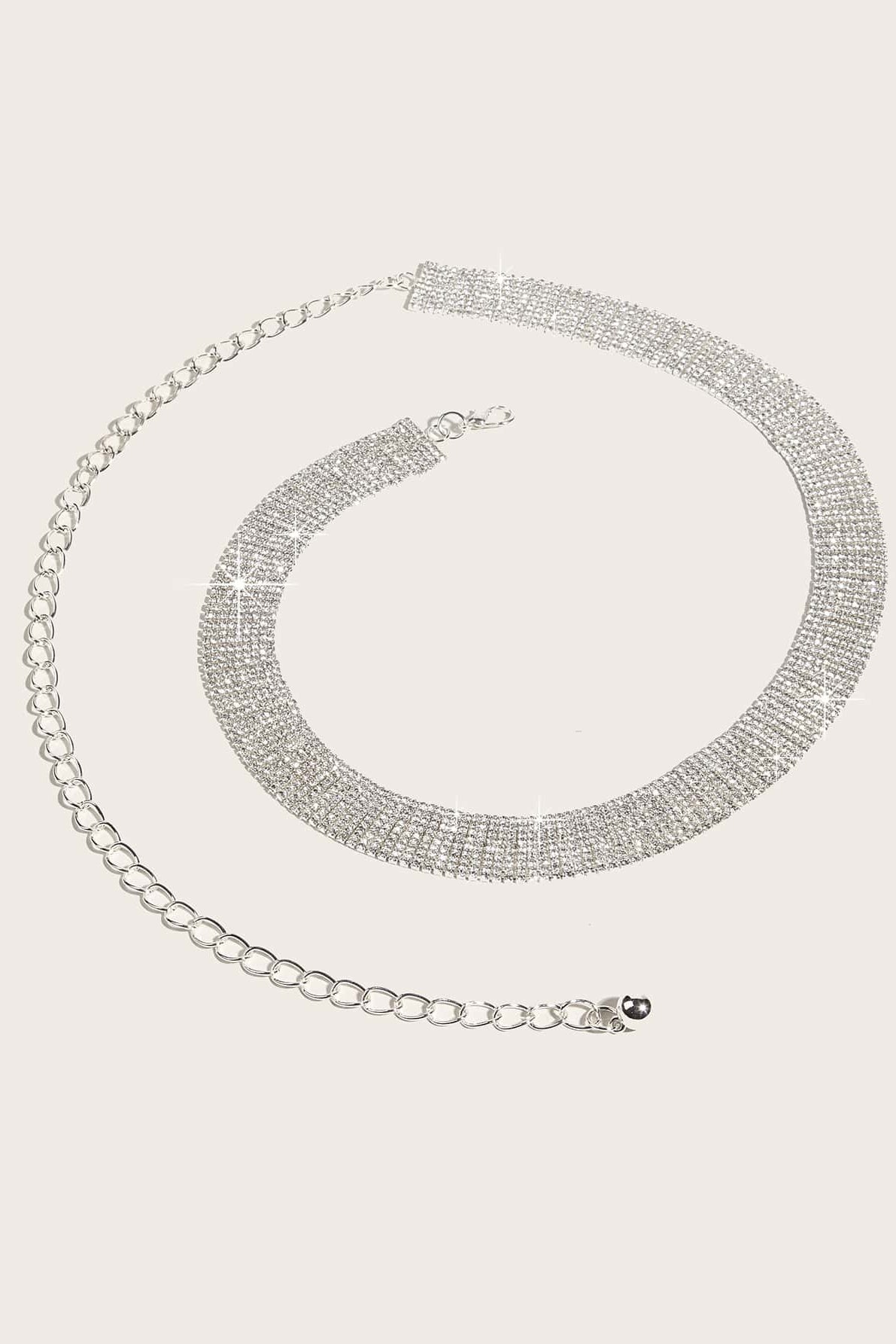 Silver Multi Row Rhinestone Waist Chain Adjustable Sparkly Belt for Women Party Gown