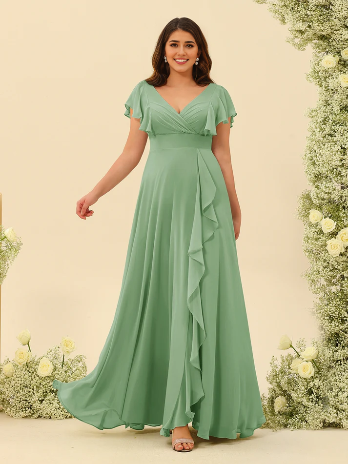 Chiffon Ruffle V-neck Short sleeved Bridesmaid Dress