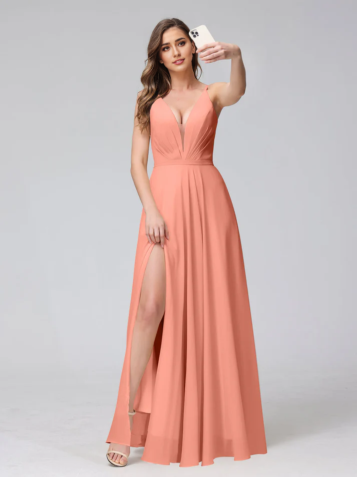 Chiffon Spaghetti-Strap V-Neck Ruched Bodice High-Slit A-Line Floor-Length Romantic Bridesmaid Dress