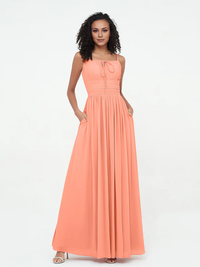 Chiffon Spaghetti-Strap Ruched Bodice Pocketed A-Line Floor-Length Bridesmaid Dresses