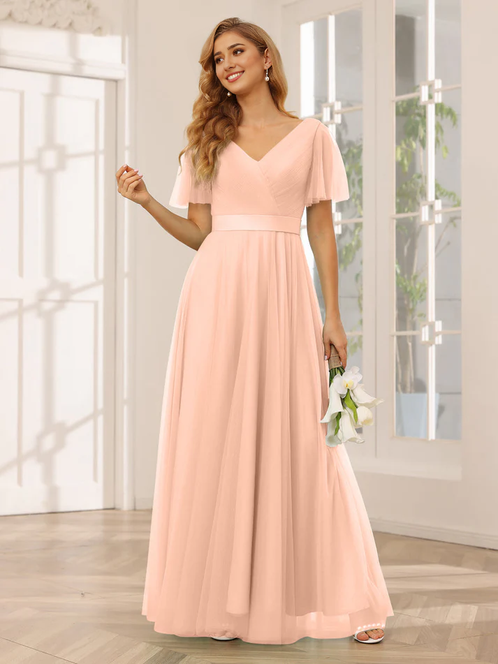 Chiffon Short-Sleeve V-Neck Belted Bodice A-Line Floor-Length Romantic Bridesmaid Dress