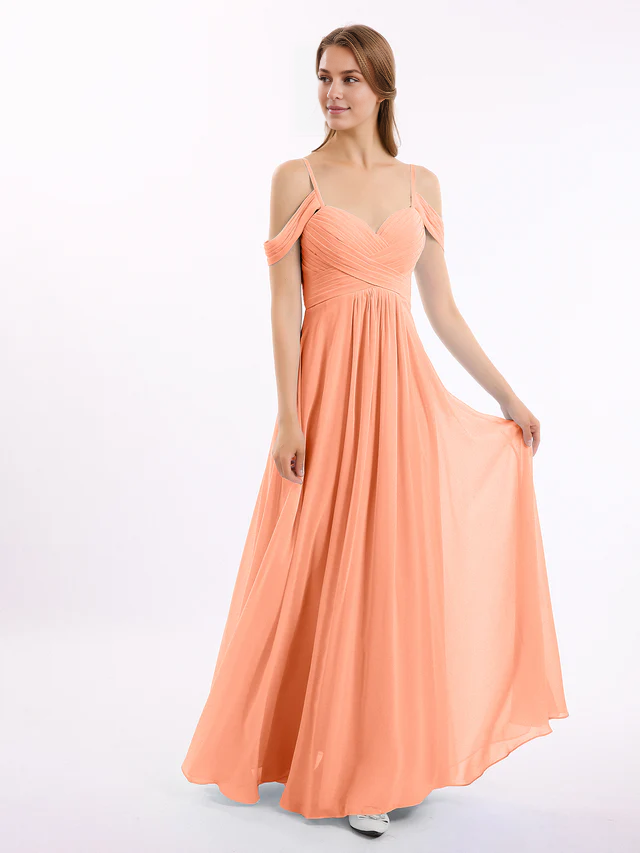 Chiffon Off-Shoulder Sweetheart Neckline Ruched Bodice A-Line Floor-Length Bridesmaid Dresses