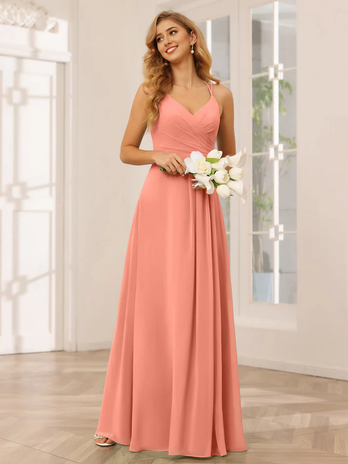Chiffon Spaghetti-Strap Sweetheart Neckline Ruched Bodice A-Line Floor-Length Romantic Bridesmaid Dress