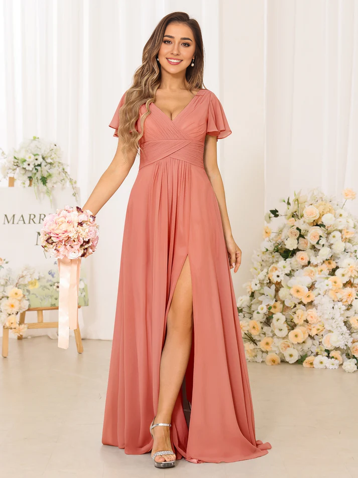 Chiffon Short-Sleeve V-Neck Ruched Bodice High-Slit A-Line Floor-Length Dusty Rose Bridesmaid Dresses