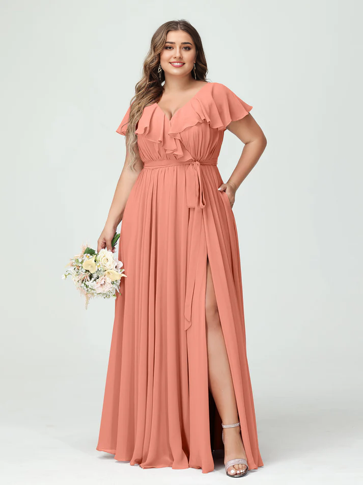 Chiffon Flutter-Sleeve V-Neck Pleated Bodice High-Slit A-Line Floor-Length Romantic Bridesmaid Dress