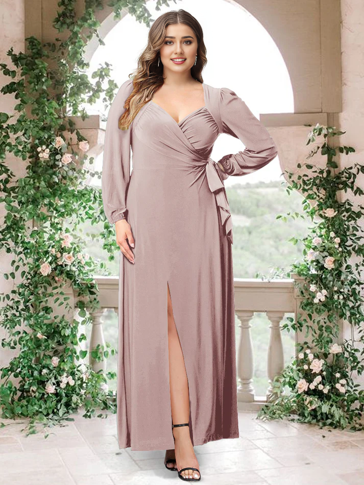 Satin Long-Sleeve Sweetheart Neckline Ruched Bodice High-Slit Sheath Floor-Length Luxe Bridesmaid Dress