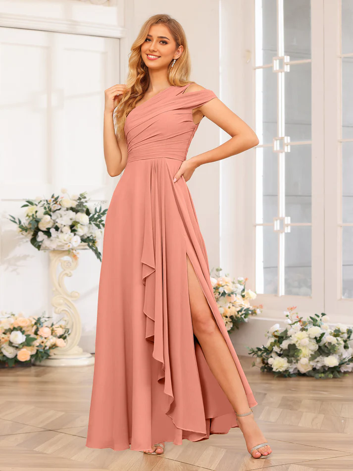 Chiffon One-Shoulder Short Sleeve Ruched Bodice Ruffled High-Slit A-Line Floor-Length Champagne Bridesmaid Dresses