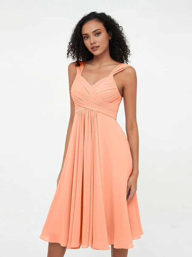 Chiffon Spaghetti-Strap Sweetheart Neckline Ruched Bodice Tea-Length A-Line Bridesmaid Dresses