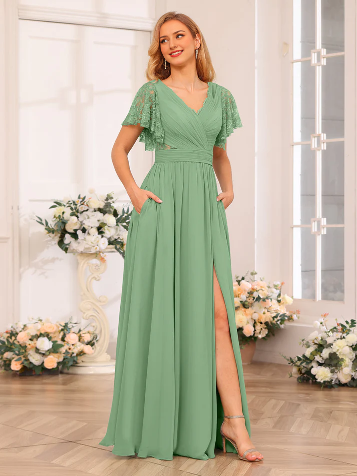 Chiffon One-Shoulder Flutter Sleeve Ruched Bodice High-Slit A-Line Floor-Length Soft Mint Bridesmaid Dresses