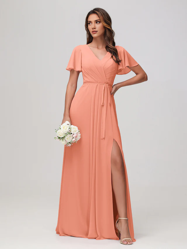 Chiffon Short-Sleeve V-Neck Ruched Bodice High-Slit A-Line Floor-Length Bridesmaid Dresses