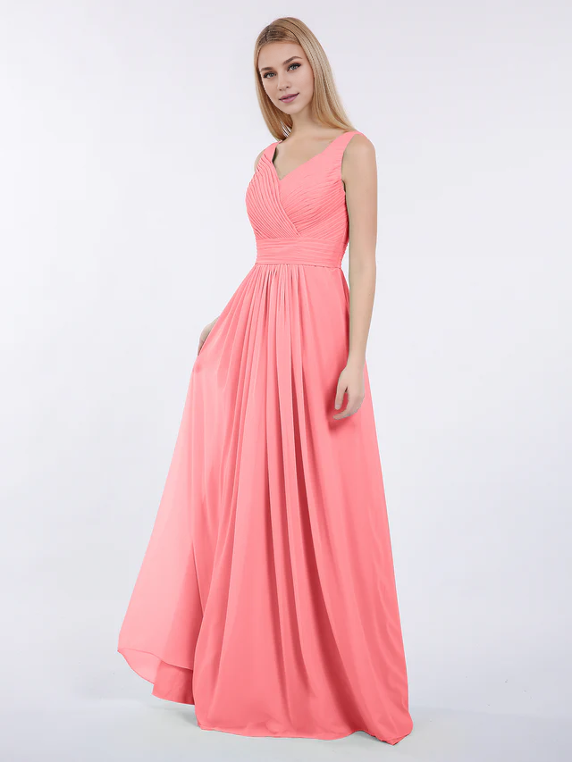 Chiffon Spaghetti-Strap V-Neck Ruched Bodice A-Line Floor-Length Bridesmaid Dresses
