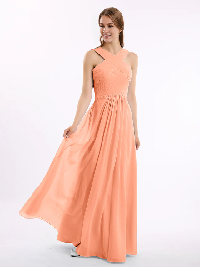 Chiffon Cross-Back Sleeveless Ruched Bodice A-Line Floor-Length Bridesmaid Dresses