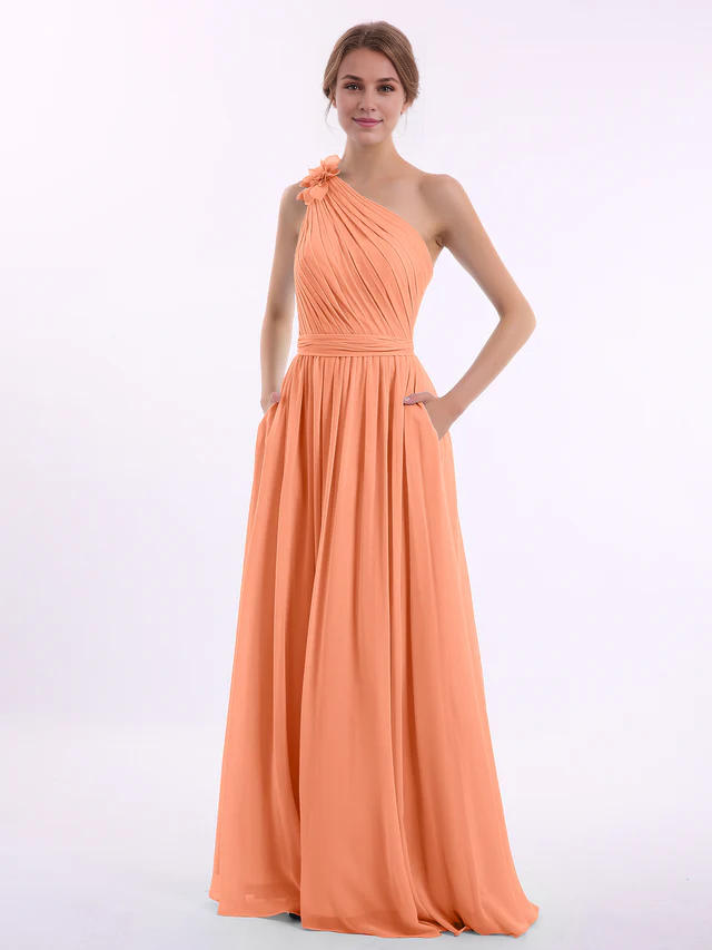 Chiffon One-Shoulder Ruched Bodice Pocketed A-Line Floor-Length Bridesmaid Dresses