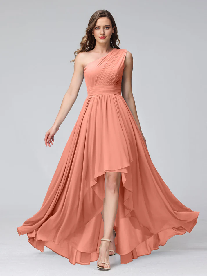 Chiffon One-Shoulder Ruched Bodice Asymmetrical High-Low A-Line Floor-Length Dusty Blue Bridesmaid Dresses