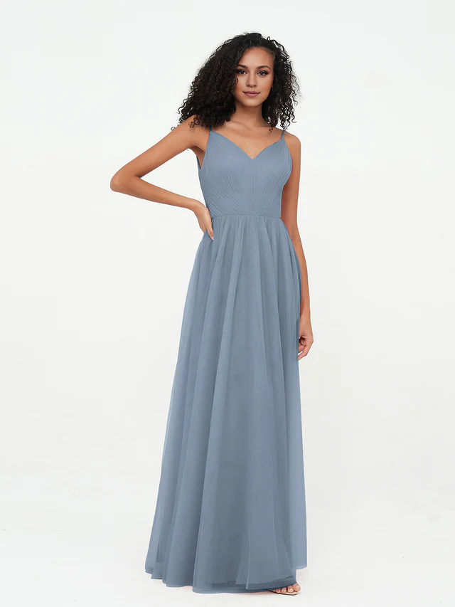 Chiffon Spaghetti-Strap V-Neck Ruched Bodice A-Line Floor-Length Bridesmaid Dresses