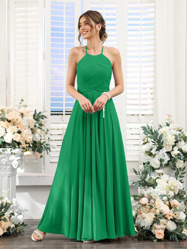 Chiffon Halter Neck Ruched Bodice A-Line Floor-Length Elegant Bridesmaid Dress