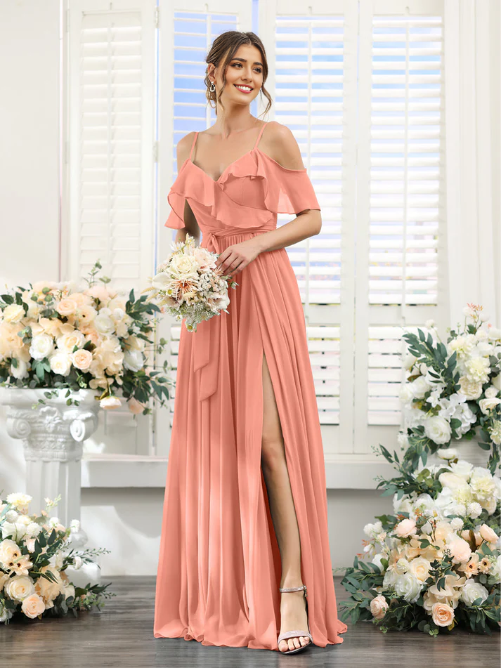 Chiffon Off-the-Shoulder Short-Sleeve Ruched Bodice High-Slit A-Line Floor-Length Elegant Bridesmaid Dress