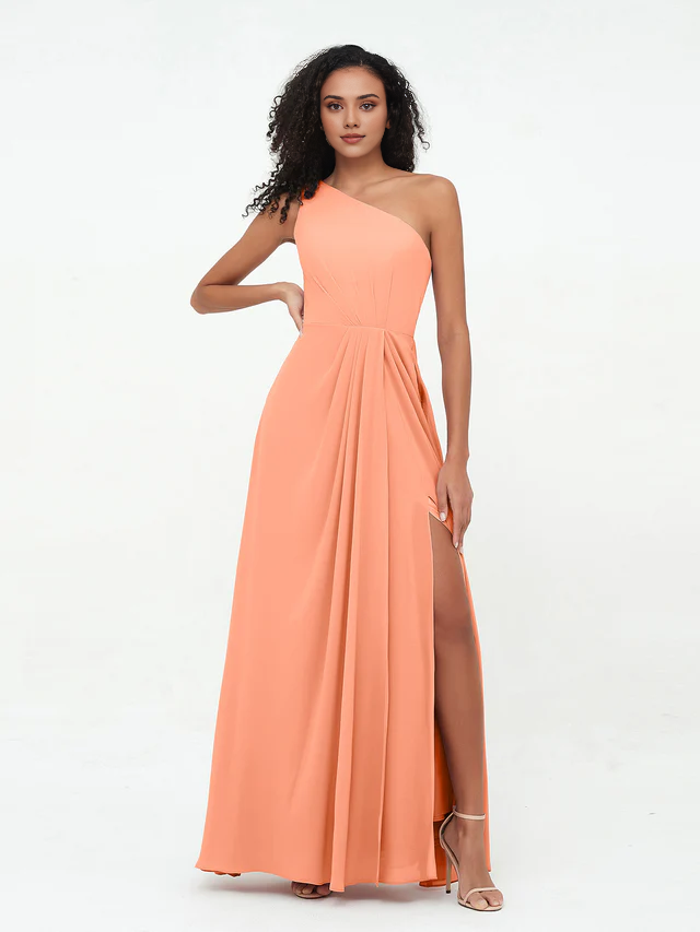 Chiffon One-Shoulder Ruched Bodice High-Slit A-Line Floor-Length Bridesmaid Dresses