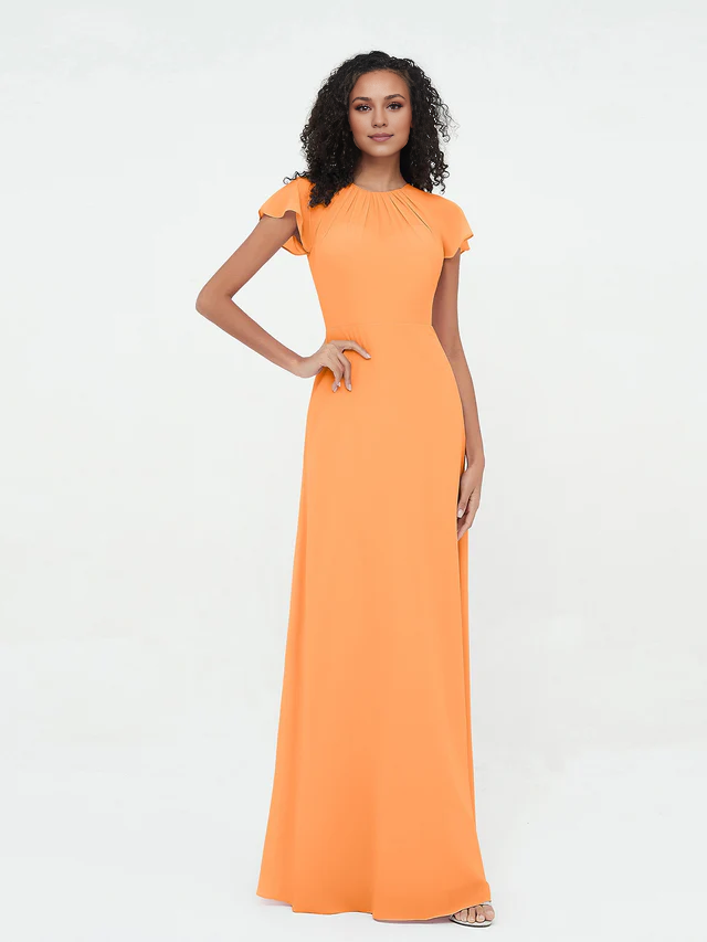 Chiffon Short-Sleeve Round Neck Ruched Bodice A-Line Floor-Length Bridesmaid Dresses