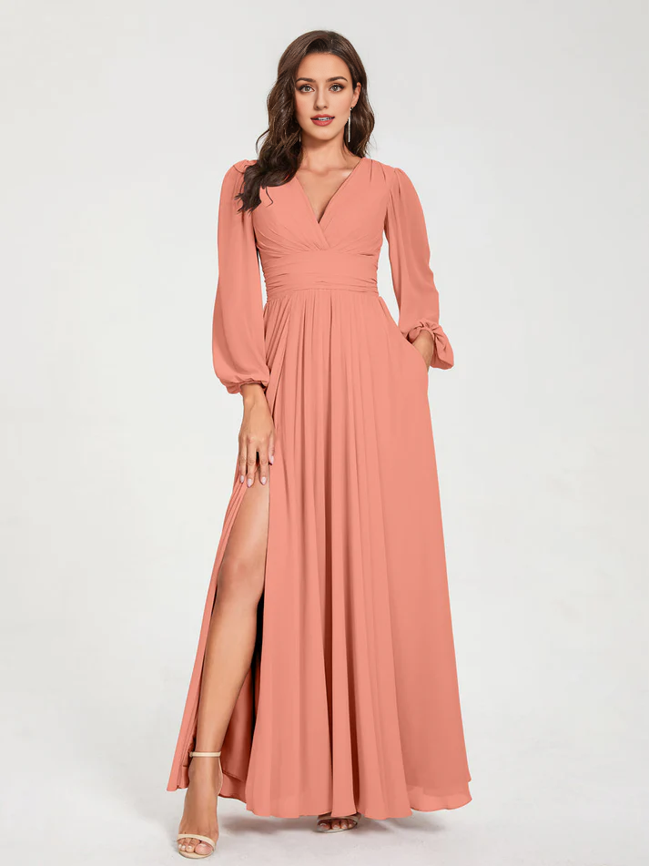 Chiffon Puff-Sleeve V-Neck Ruched Bodice High-Slit A-Line Floor-Length Bridesmaid Dresses