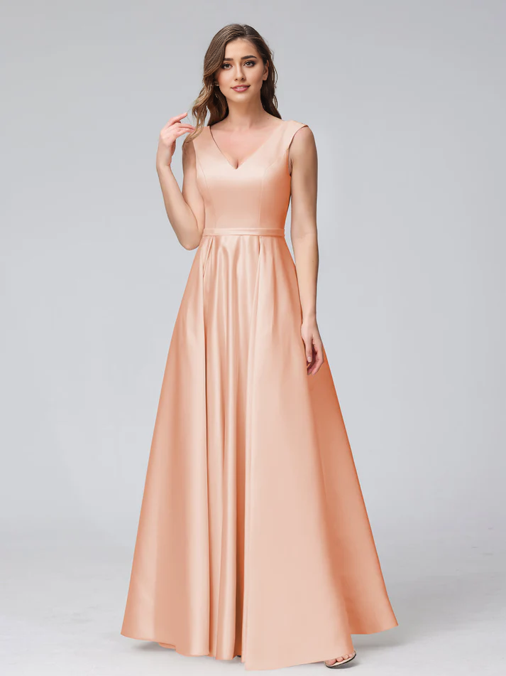 Satin V-Neck Sleeveless A-Line Floor-Length Elegant Bridesmaid Dress