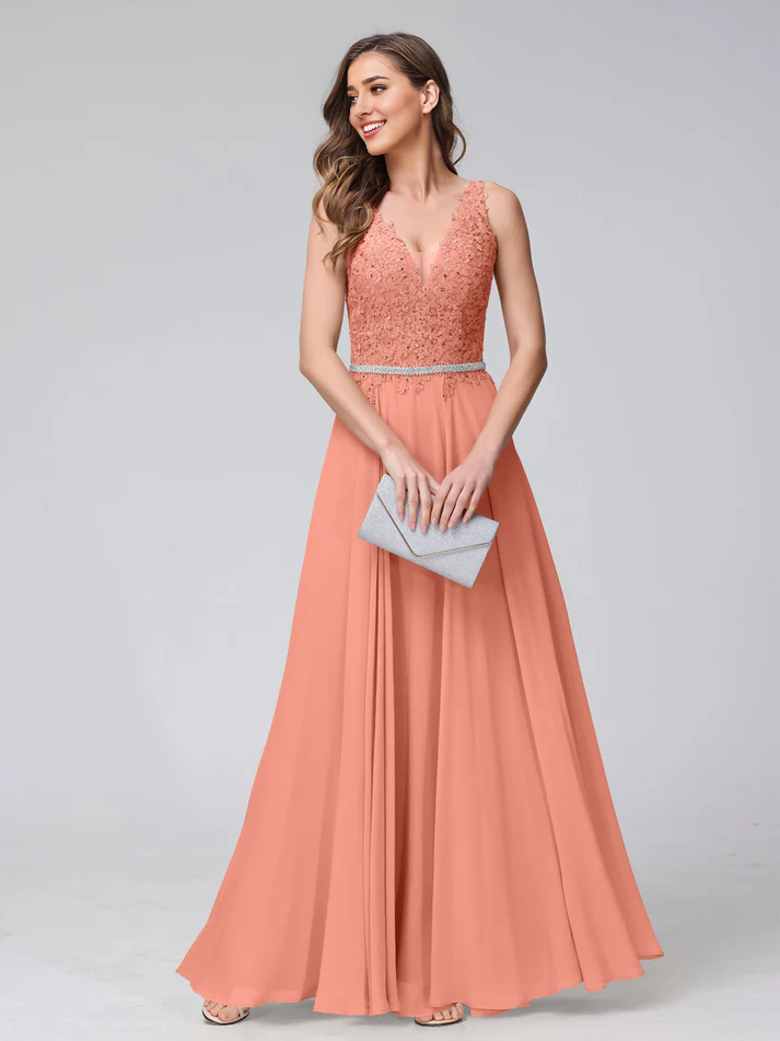 Chiffon Spaghetti-Strap V-Neck Embellished Bodice A-Line Floor-Length Elegant Bridesmaid Dress