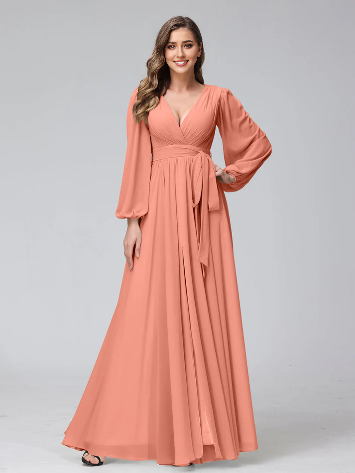 Chiffon Long-Sleeve Deep V-Neck Self-Tie Waist A-Line Floor-Length Soft Mint Bridesmaid Dresses