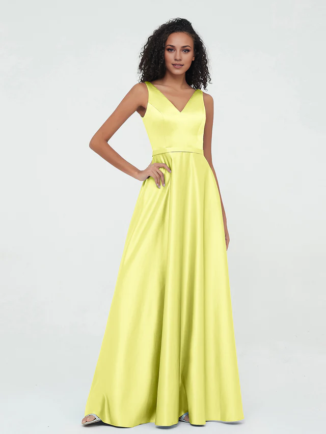 Satin Spaghetti-Strap V-Neck Ruched Bodice A-Line Floor-Length Bridesmaid Dresses