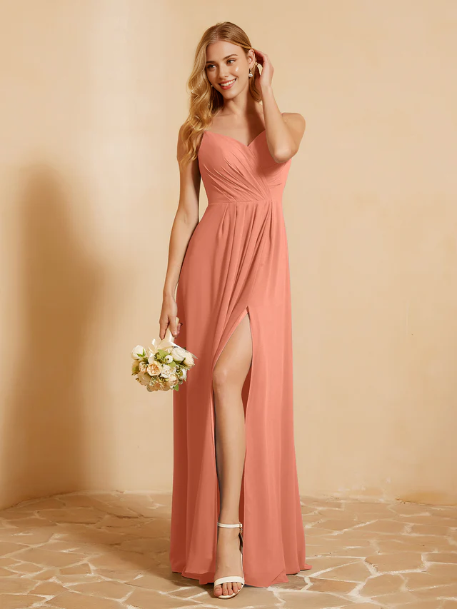Chiffon Strapless Sweetheart Neckline Ruched Bodice High-Slit A-Line Floor-Length Bridesmaid Dresses