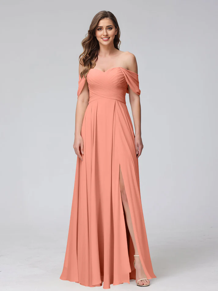 Chiffon Off-the-Shoulder Short-Sleeve Ruched Bodice High-Slit A-Line Floor-Length Elegant Bridesmaid Dress